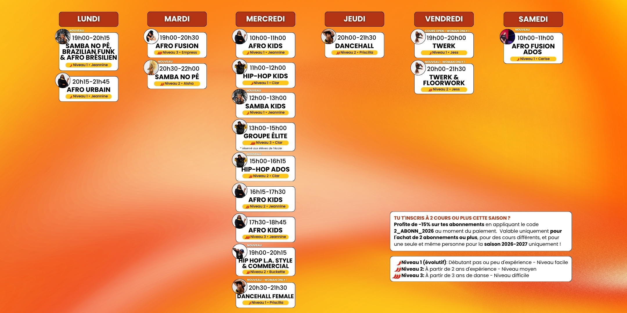 Planning des cours. Saison 2026-2027. Waka Waka Dance Academy. Ecole N°1 de danses afro urbaines à Lille et dans les Hauts de France.